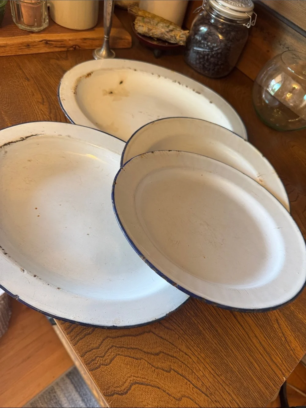 4 White Enamel Dinner Plates & Platters Blue Rim farmhouse primitive camp